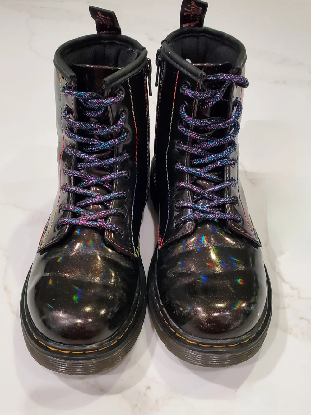 Dr. Martens Kid's Sparkle Ray Black Boots Sz. 3 Iridescent 1460 Rainbow EUC